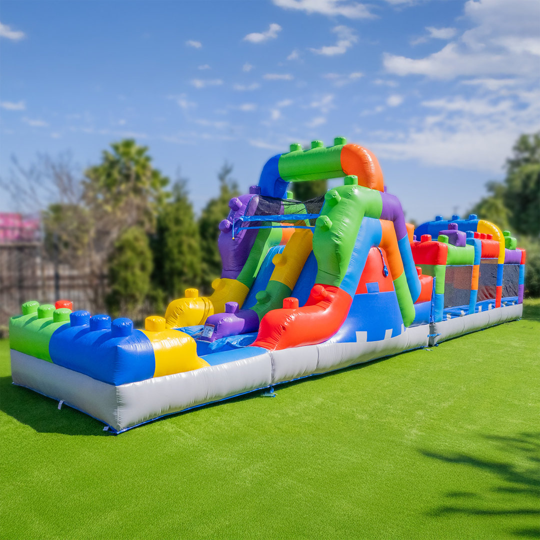 Herokiddo Block Party 42’ Inflatable Obstacle Course With Water Slide – Commercial Grade Pvc, Ultimate Backyard Challenge For Kids And Adults, Wet & Dry Play (blowers Included)